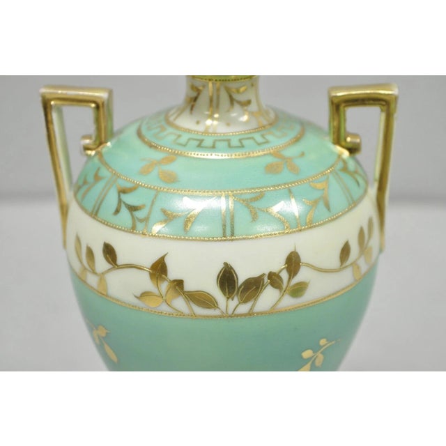 Antique Nippon Hand Painted Porcelain Windmill Scene Green Small Bolted Vase For Sale - Image 9 of 13