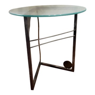 1980s Postmodern Geometric Side Table – 10mm Laser-Etched Glass (Sonneman Style) For Sale