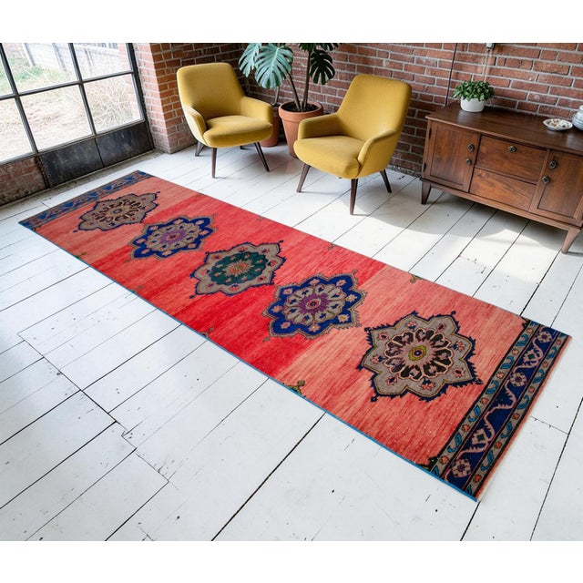Mid-Century Modern Distressed Oushak Runner Rug Low Pile Faded Colors Majestic Hallway Decor - 3'2″ X 11'1″ For Sale - Image 3 of 15