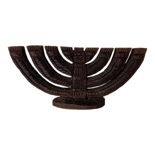 Vintage Hand Carved Wood Large Folk Art Jewish Menorah For Sale