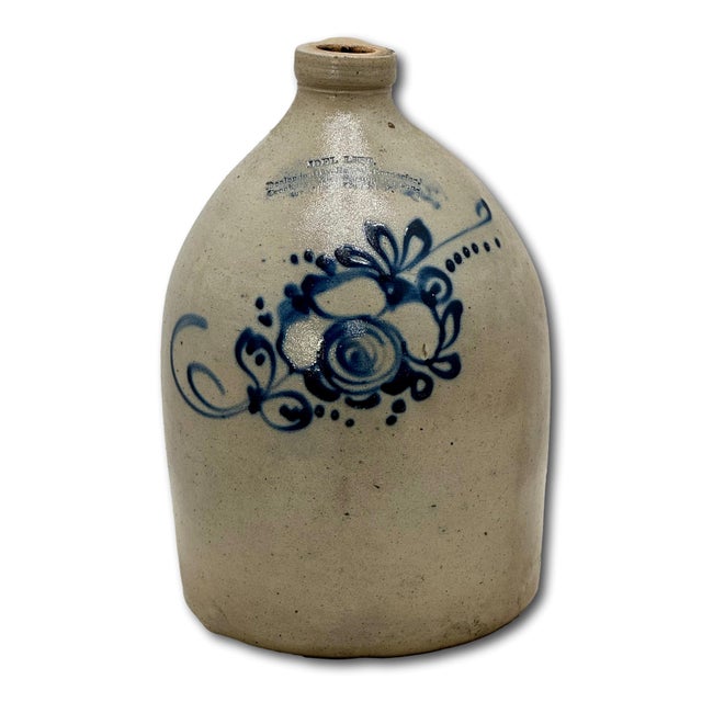 Unusual Antique American Blue Flower Decorated 2 Gallon Jug With Otsego New York Stoneware Merchants Name & Info Circa 1870s For Sale In Boston - Image 6 of 18