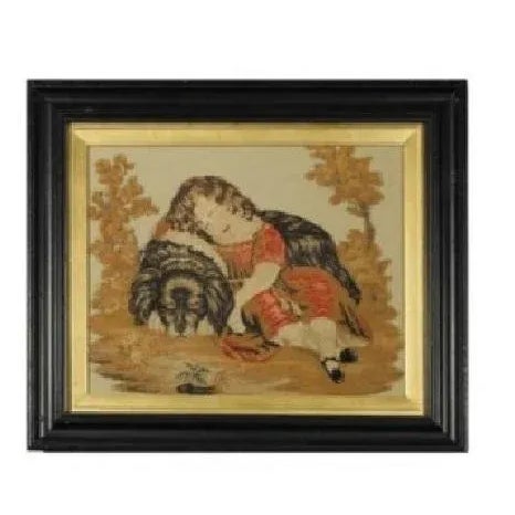 depicting a girl with her dog. 12 x 15 1/2 inches. Needlepoint placed on raw silk and framed in 19th C frame The...