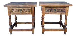 Pair of Spanish Rustic Bedside Tables With Carved Drawers, Mid-20th Century