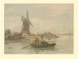 D. Cox, Dutch Landscape with Windmill and Rowboat, 1850, Lithograph on Paper