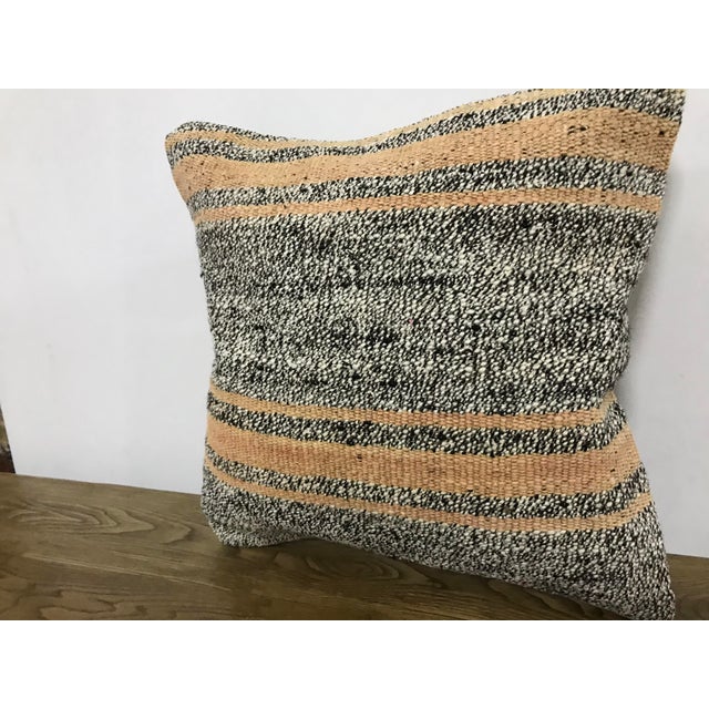 Boho Chic Vintage Turkish Handmade Black White and Peach Kilim Pillow Cover For Sale - Image 3 of 6