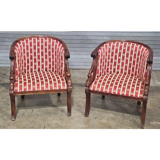 Store Item: Pair of English Regency Mahogany Bergeres with Swan Head Carving Red Silk Fabric Description: Chairs feature a...