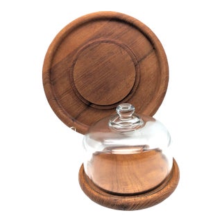 1970s Teak Wood Cheese & Charcuterie Boards With Glass Dome Cloche, 3 Piece Set For Sale