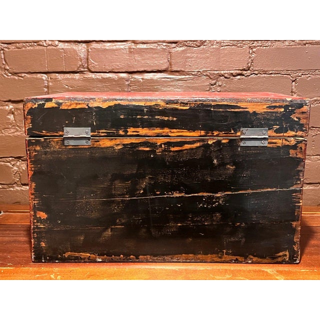 Antique Tibetan Hand Painted Red Lacquer Trunk Foo Dog Chest 20" For Sale In San Francisco - Image 6 of 9