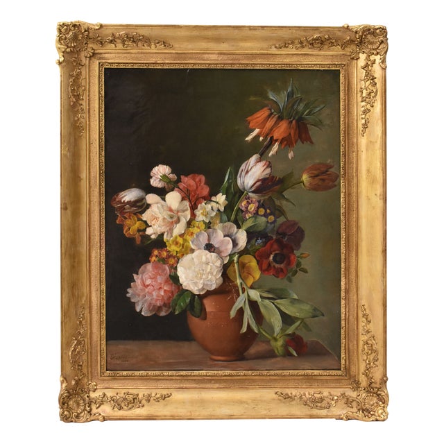 Peonies and Roses, Oil on Canvas, 19th Century, Framed For Sale