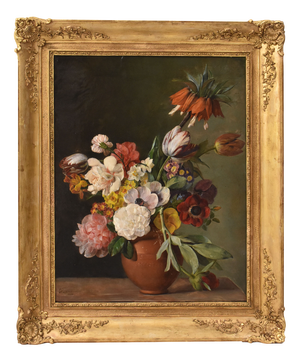 Peonies and Roses, Oil on Canvas, 19th Century, Framed