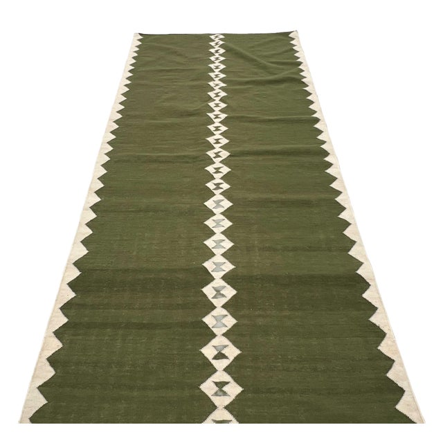 Casa Cosima Handmade New Zealand Wool Dhurrie Runner, Olive Green and Cream Diamond Runner Rug- 4'x10' For Sale - Image 4 of 13
