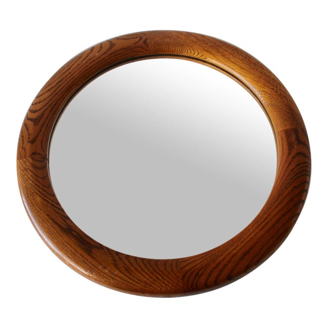 Modern Oak Vintage Round Wall Mirror 1980s Usa For Sale