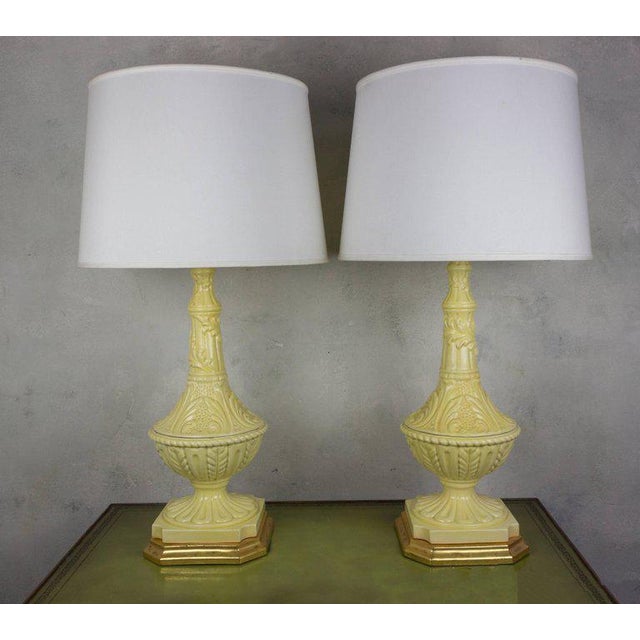 Wood Pair of Spanish Yellow Ceramic Lamps With Gilt Bases For Sale - Image 7 of 8