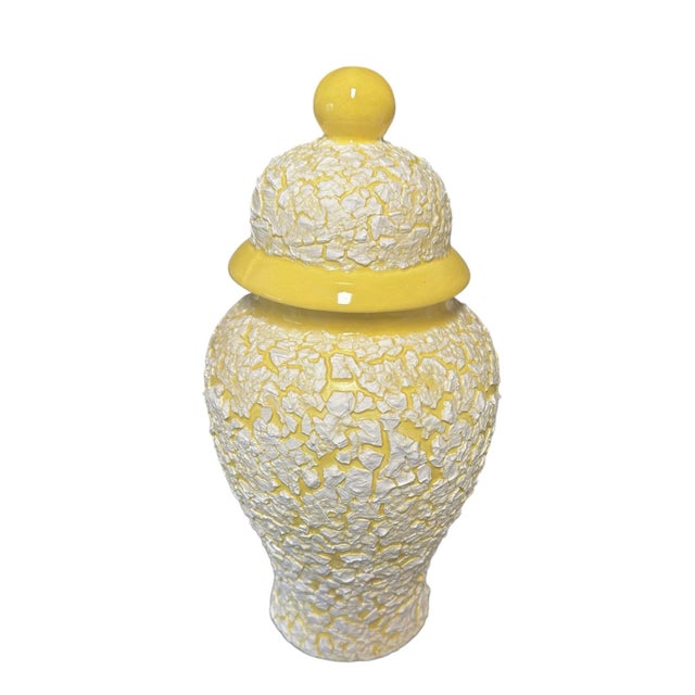 Vintage Fat Lava Styled Textured Ceramic Ginger Jar. This vase features a yellow rim and crackled white glaze over yellow...