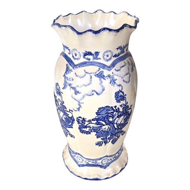 Vintage Blue & White Ironstone Staffordshire Floor Vase For Sale