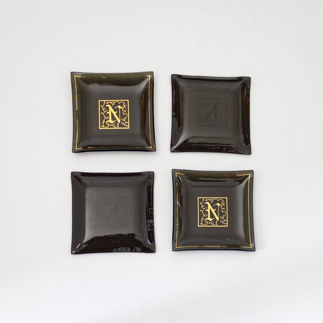 Contemporary Black Smoked Glass and Gold N Monogrammed Coasters | Set of 4 For Sale - Image 3 of 9