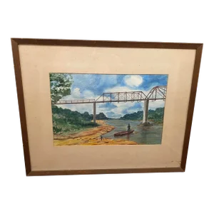 Mid Century Texas Watercolor, Old Washington Brazos River Bridge