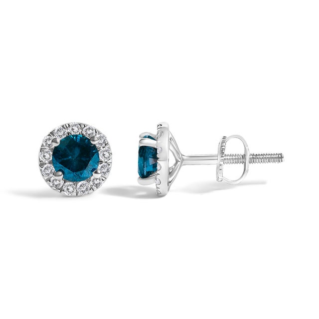 Haus of Brilliance .925 Sterling Silver 1.00 Cttw Blue Diamond Halo Stud Earrings, Pair For Sale - Image 4 of 4