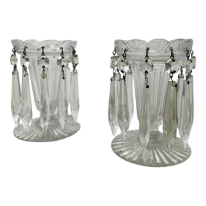Antique Pair Possibly Irish Crystal Hand Cut Full Lead Lustres Vases Ireland 19c