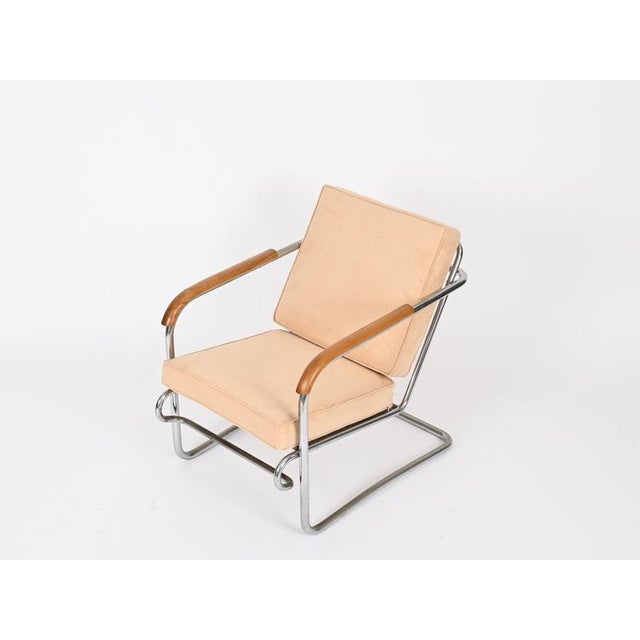 Tubular Chrome and Walnut Armchairs with Suede Upholstery, 1940s, Set of 2 For Sale - Image 14 of 18