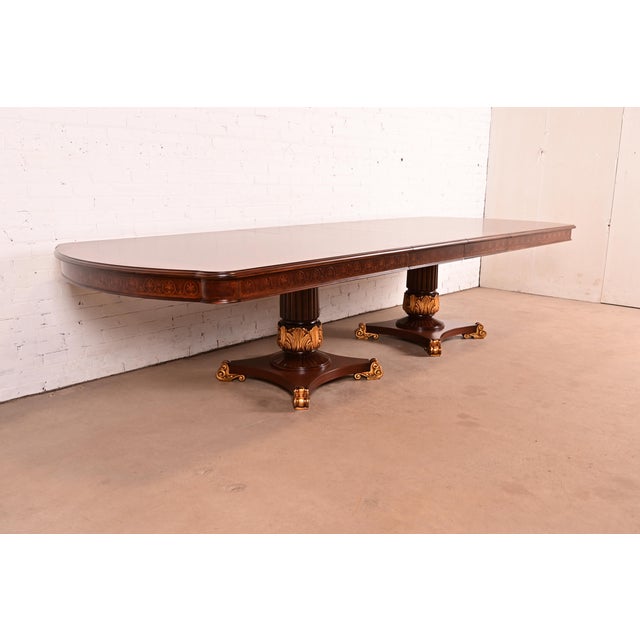 Atelier Versace Karges Furniture Style Italian Neoclassical Inlaid Burl Wood and Parcel Gilt Extension Dining Table, Newly Refinished For Sale - Image 4 of 16