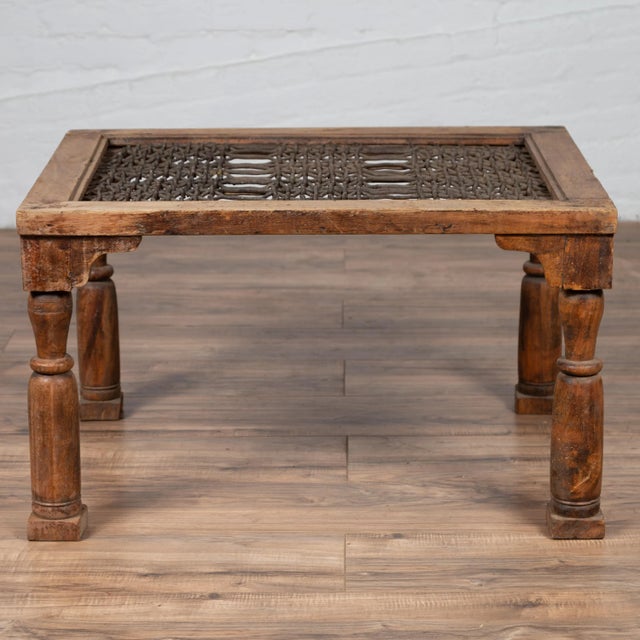 Antique Indian Wooden Side Table with Window Grate and Turned Baluster Legs For Sale - Image 4 of 13