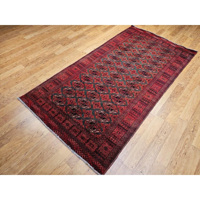 Vintage Turkmen Area Rug, Hand-Knotted Wool, Allover Geometric Pattern, Pistachio Green & Red, 4x8 For Sale - Image 9 of 18