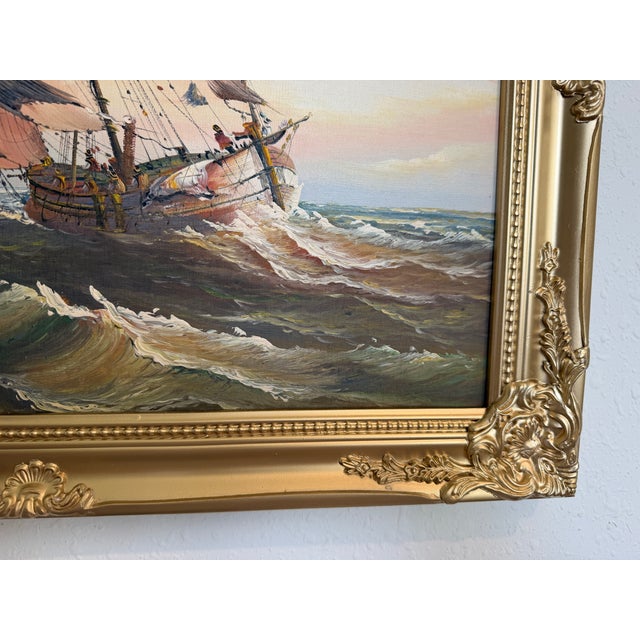 Original Oil Painting Sailing Boat Harbor Storm Seascape Nautical Art Framed For Sale In Jacksonville, FL - Image 6 of 9