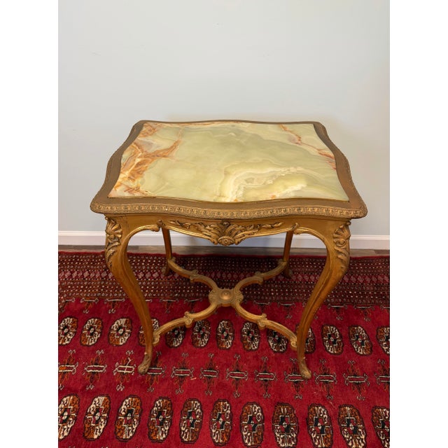 Gold Antique French Louis XVI-Style Giltwood Side Table With Natural Green Onyx Top For Sale - Image 8 of 10