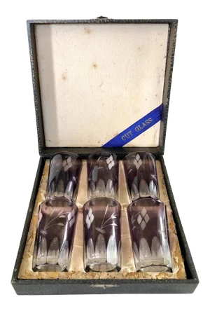 Purple Cut Glass Beverage Set in Box, Set of 6