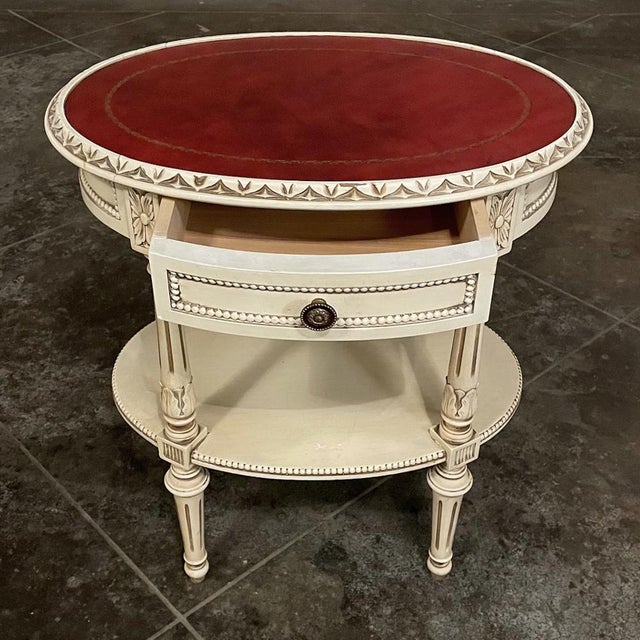 Antique French Louis XVI Painted Oval Side Table With Leather Top For Sale - Image 15 of 17
