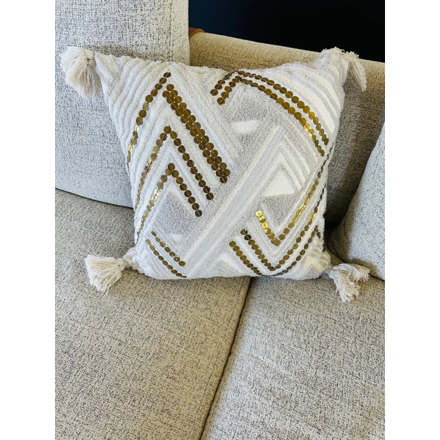 Textured Cotton and Brass Art Deco Pillow With Tassels For Sale - Image 11 of 12