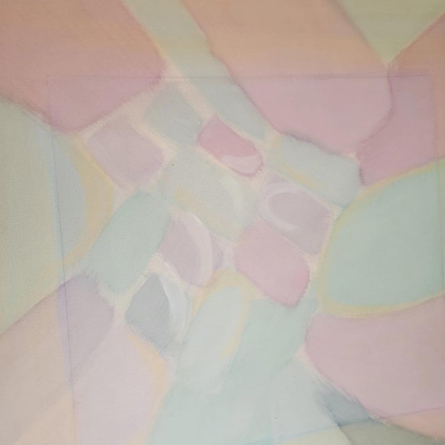 elegantly serene pastel abstract painting on canvas, vintage late 1970s, 1 1/2" thick gold metal frame, produced by Harris...