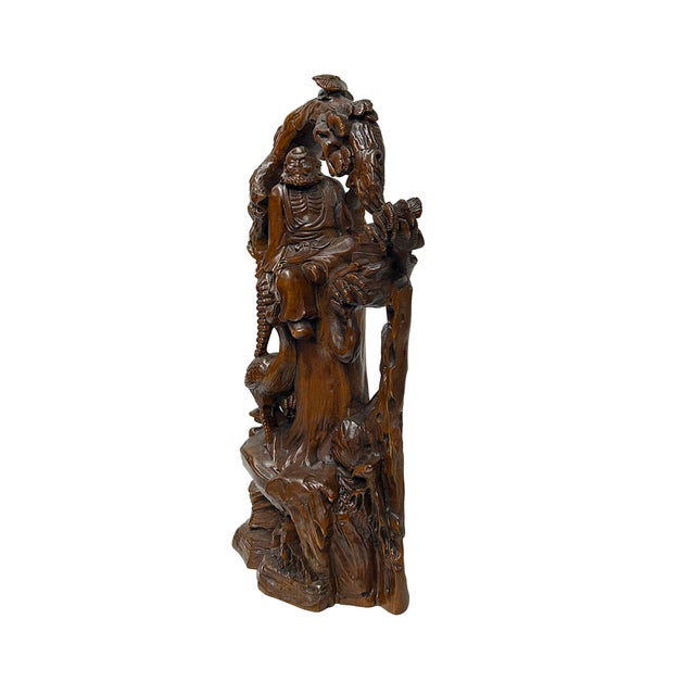 Religious Legendary Sage Damo Bodhidharma on Pine With Crane Wood Art Figure For Sale - Image 3 of 9