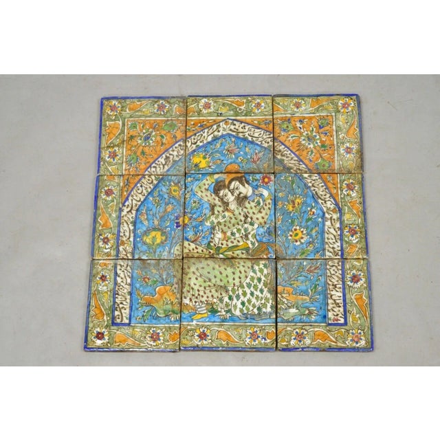 Antique Persian Iznik Qajar Style Ceramic Pottery Tile Man & Woman Mosaic Set C6 For Sale - Image 11 of 12