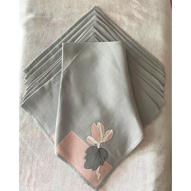 Dove Gray Vintage Grey and Pink Appliquéd Tablecloth and Napkins, Set/9 For Sale - Image 8 of 11