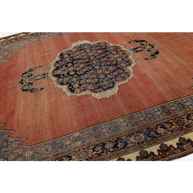 2020s Antique Bidjar Style Wool Rug in Terracotta & Indigo, Hand-Knotted Medallion For Sale - Image 5 of 12