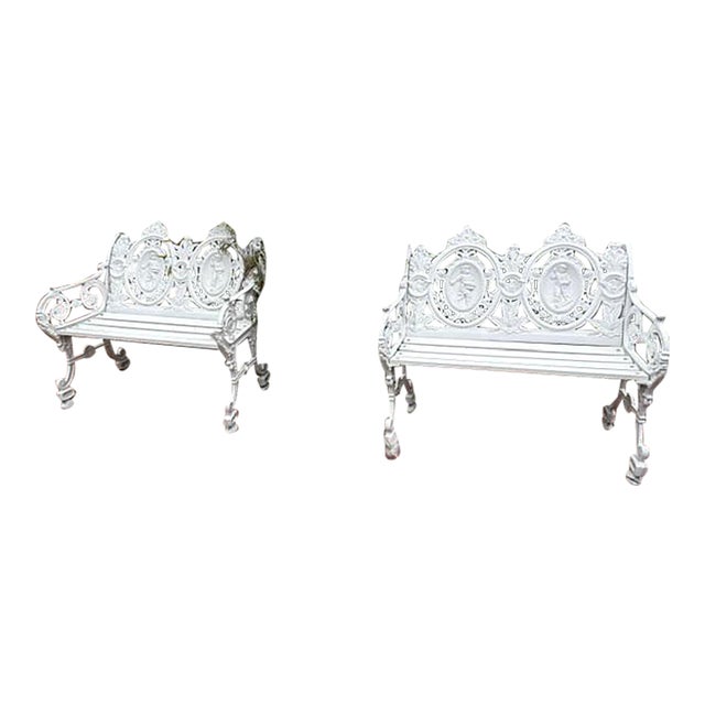 Pair of White Antique Style Cast Iron Figural Seasons Garden Bench For Sale