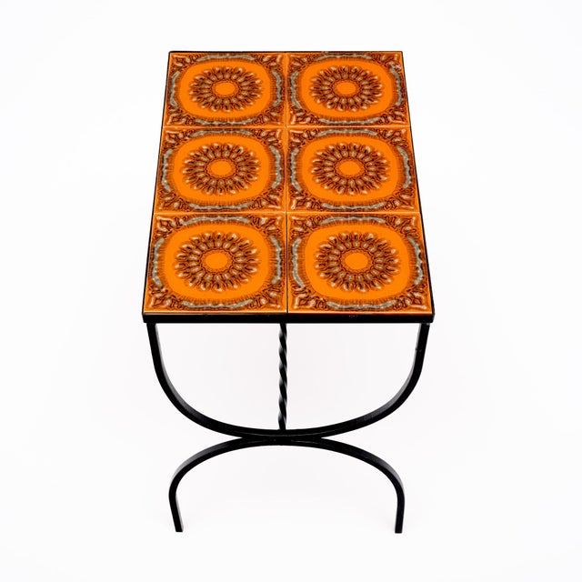 French Mid-Century Orange Ceramic Tile and Wrought Iron Side Table From Vallauris For Sale In Austin - Image 6 of 9