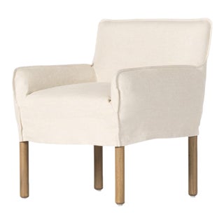 Four Hands Addington Cream Belgian Linen Slipcover Dining Armchair with Natural Oak Legs For Sale
