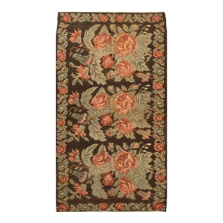 Vintage Bessarabian Brown Pink and Green Wool Floral Kilim For Sale