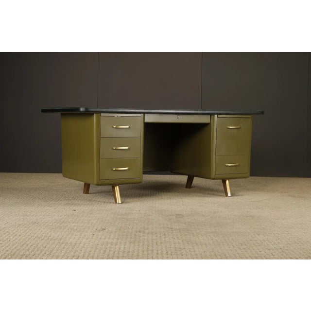Mid-Century Modern Mid-Century Modern Steel Tanker Desk in Olive Green W Glass Top and Brass, 1960s For Sale - Image 3 of 18