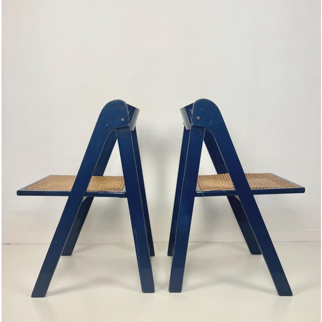 Mid-Century Modern Blue Wood and Wicker Folding Chairs from Bazzani, Italy, 1960s, Set of 2, in Good conditions. Designed...