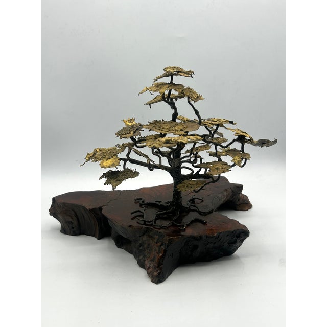 Wood Mid-Century Brutalist Gilt Bronze Bonsai Tree Sculpture on Burl Wood Basee For Sale - Image 7 of 18