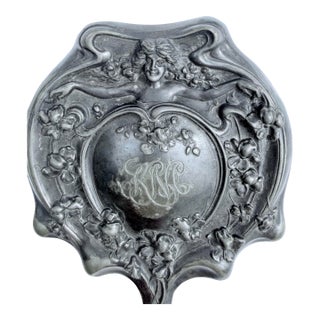 Antique Art Nouveau Silver Hand Mirror/Dark and Moody Vibe. For Sale