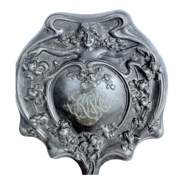 Antique Art Nouveau Silver Plate Hand Mirror With Repoussé Floral Design For Sale