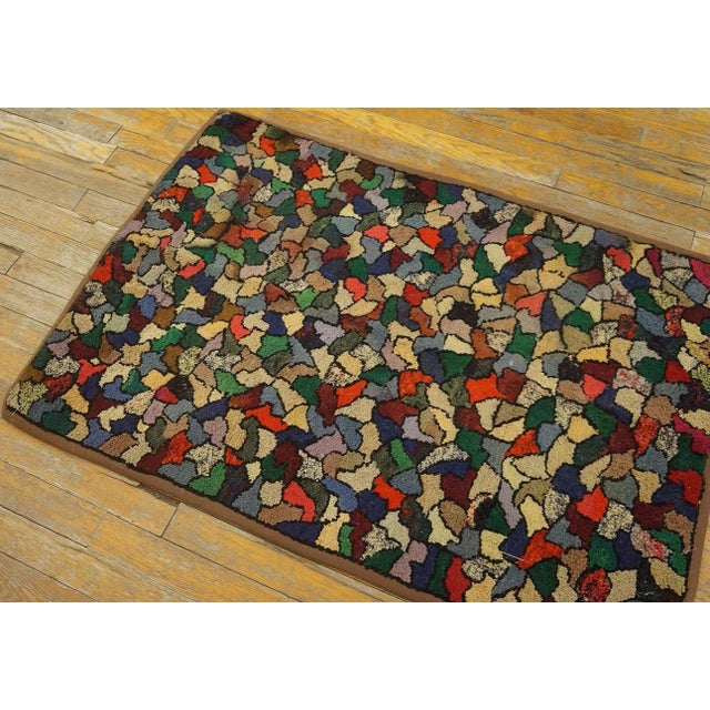 Captivating Colorful With Jewel Tones Antique American Crazy Quilt Pattern Hooked Rug For Sale - Image 4 of 9