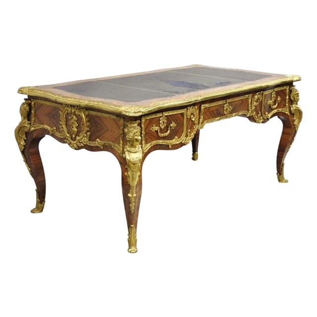 Late 20th Century French Louis XV Style Figural Bronze Ormolu Leather Top Bureau Plat Writing Desk For Sale