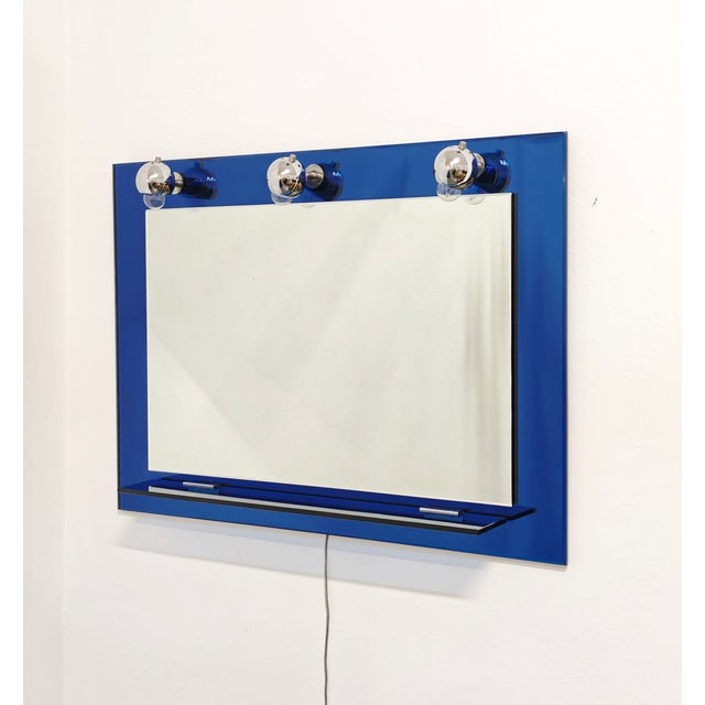 Italian Bathroom Mirror with Blue Ground Glass Shelf and Chromed Steel Diffusers, 1970s For Sale - Image 4 of 14
