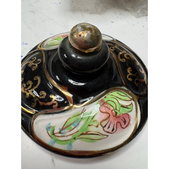 Vintage Mid Century Norleans Hollywood Regency Black & Gold Porcelain Lidded Sugar Bowl Trinket Box , Japan For Sale - Image 11 of 11
